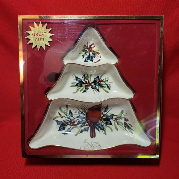 Lenox Winter Greetings Tree Divided Server Red Cardinal with Holly Gold Trim 199 - Picture 1 of 12